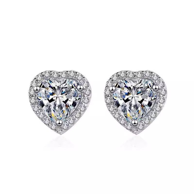 Heart Shaped Moissanite Stud Earrings with Halo Setting in 18K White Gold Plated Sterling Silver (2ct. ) - La Pretti