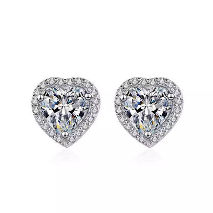 Heart Shaped Moissanite Stud Earrings with Halo Setting in 18K White Gold Plated Sterling Silver (2ct. ) - La Pretti