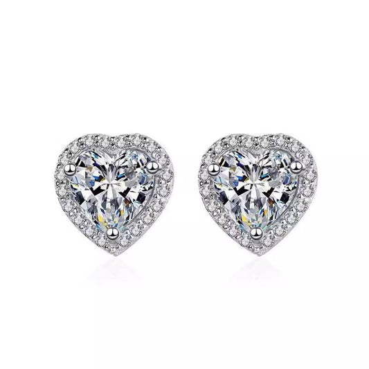 Heart Shaped Moissanite Stud Earrings with Halo Setting in 18K White Gold Plated Sterling Silver (2ct. ) - La Pretti