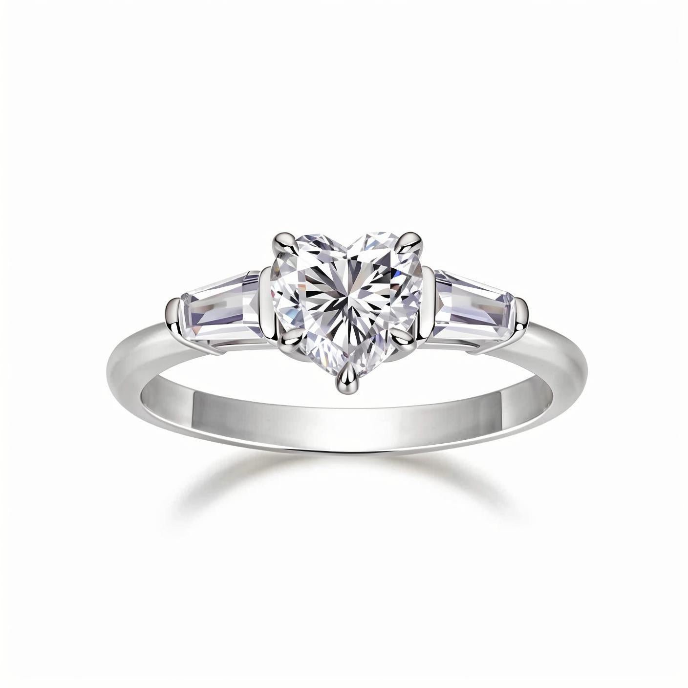 Heart Shaped Moissanite Three Stone Engagement Ring with Tapered Baguette Side Stones (1ct. ) - La Pretti