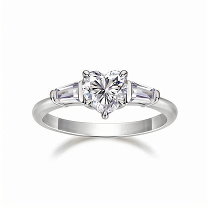 Heart Shaped Moissanite Three Stone Engagement Ring with Tapered Baguette Side Stones (1ct. ) - La Pretti