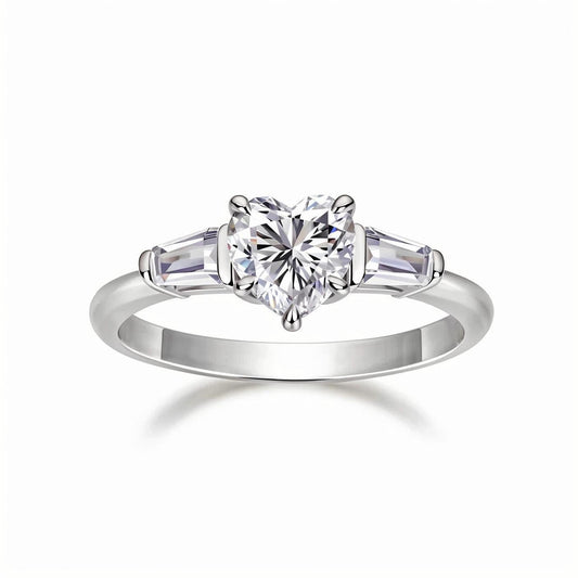 Heart Shaped Moissanite Three Stone Engagement Ring with Tapered Baguette Side Stones (1ct. ) - La Pretti