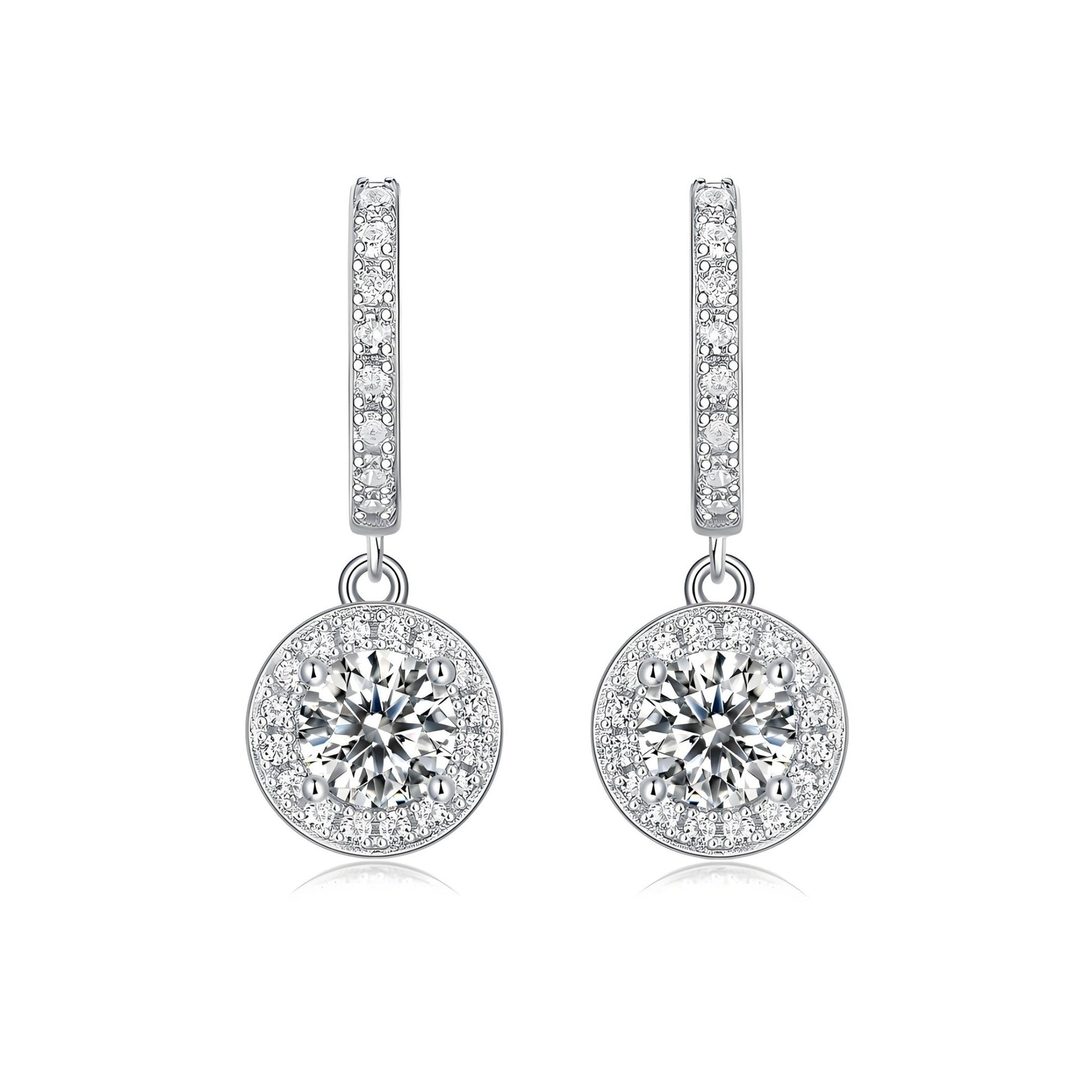 Halo Dangle Round Moissanite Drop Huggies Earrings in 18K White Gold Plated Sterling Silver (1ct. ) - La Pretti