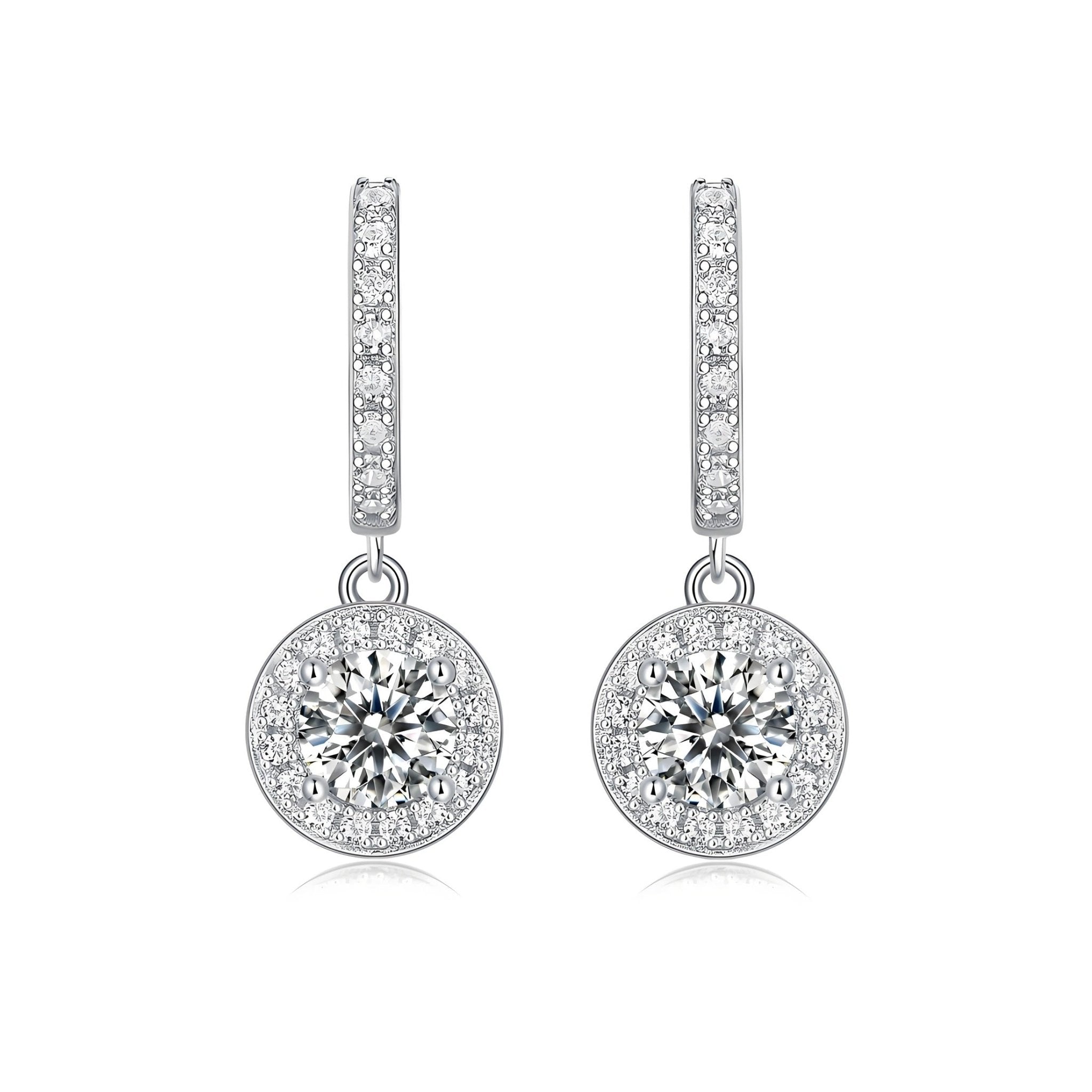 Halo Dangle Round Moissanite Drop Huggies Earrings in 18K White Gold Plated Sterling Silver (1ct. ) - La Pretti