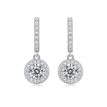 Halo Dangle Round Moissanite Drop Huggies Earrings in 18K White Gold Plated Sterling Silver (1ct. ) - La Pretti