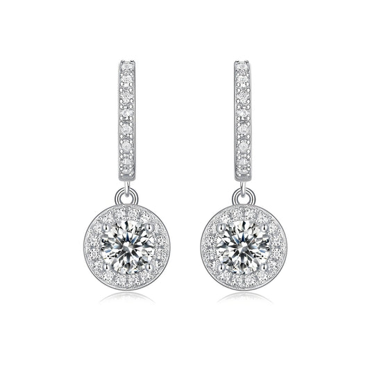 Halo Dangle Round Moissanite Drop Huggies Earrings in 18K White Gold Plated Sterling Silver (1ct. ) - La Pretti