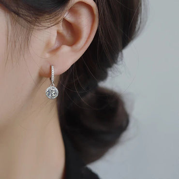 Halo Dangle Round Moissanite Drop Huggies Earrings in 18K White Gold Plated Sterling Silver (1ct. ) - La Pretti