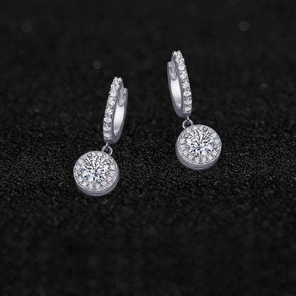 Halo Dangle Round Moissanite Drop Huggies Earrings in 18K White Gold Plated Sterling Silver (1ct. ) - La Pretti