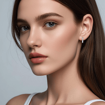 Huggie Moissanite Hoop Earrings with Shared Prongs in 18K White Gold Plated Sterling Silver - La Pretti