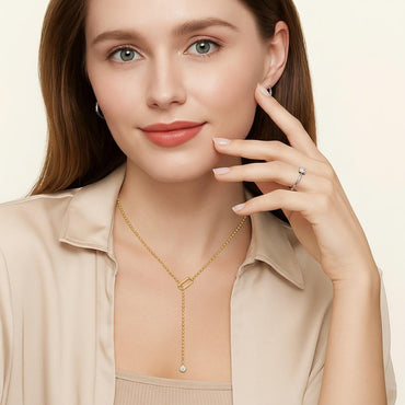 Golden Lariat Moissanite Y Drop Necklace with Round Full Bezel (1ct. ) - La Pretti