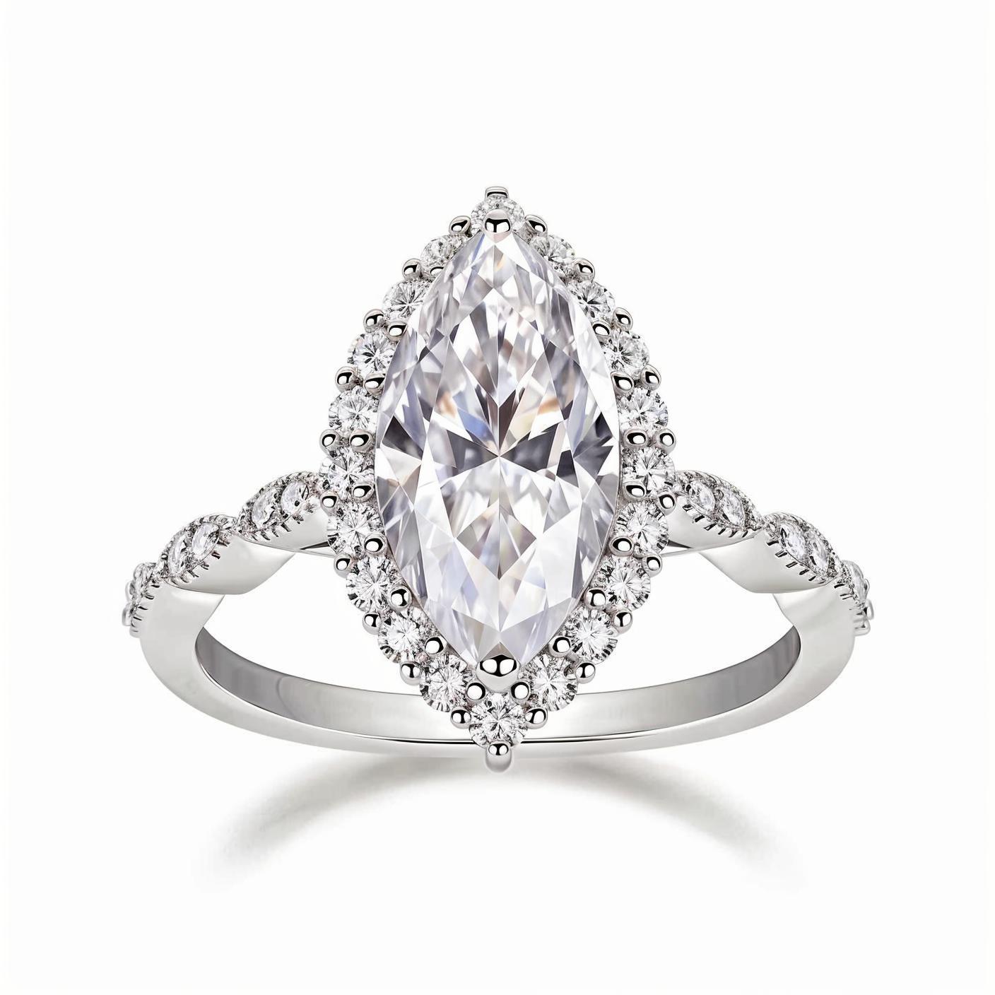Marquise Cut Moissanite Halo Engagement Ring in Scalloped Pave Setting (3ct. ) - La Pretti