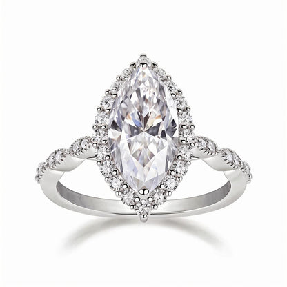 Marquise Cut Moissanite Halo Engagement Ring in Scalloped Pave Setting (3ct. ) - La Pretti