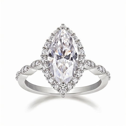 Marquise Cut Moissanite Halo Engagement Ring in Scalloped Pave Setting (3ct. ) - La Pretti