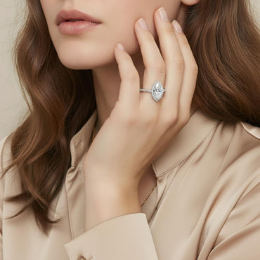 Marquise Cut Moissanite Halo Engagement Ring in Scalloped Pave Setting (3ct. ) - La Pretti