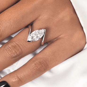 Solitaire Marquise Moissanite Half Bezel Engagement Ring in Curved Bypass (1ct. ) - La Pretti