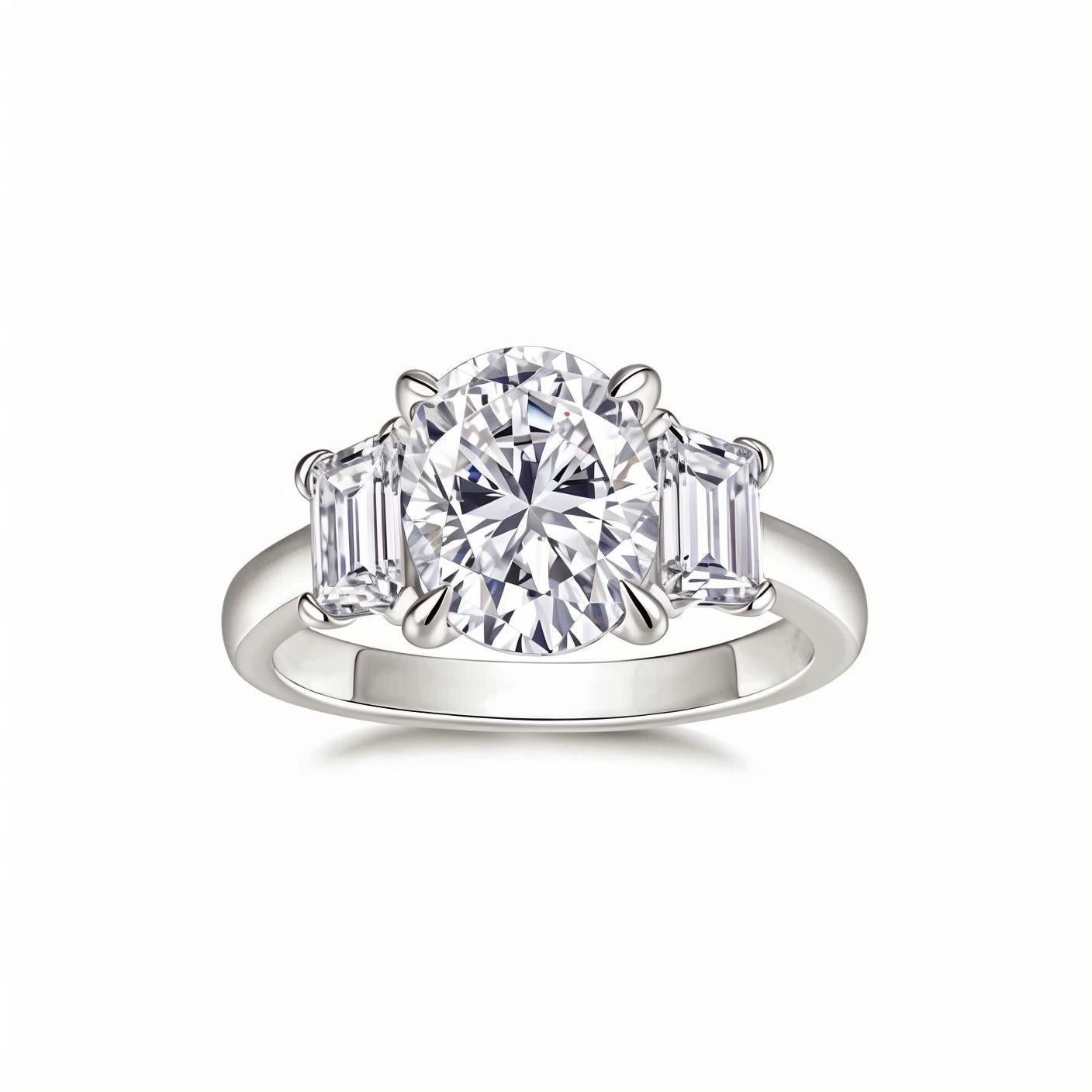 Oval Cut Moissanite Three Stone Engagement Ring with Trapezoid Side Stones (3ct. ) - La Pretti