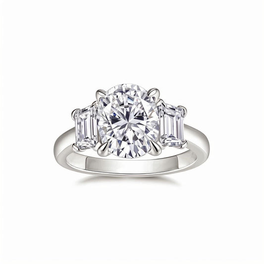 Oval Cut Moissanite Three Stone Engagement Ring with Trapezoid Side Stones (3ct. ) - La Pretti