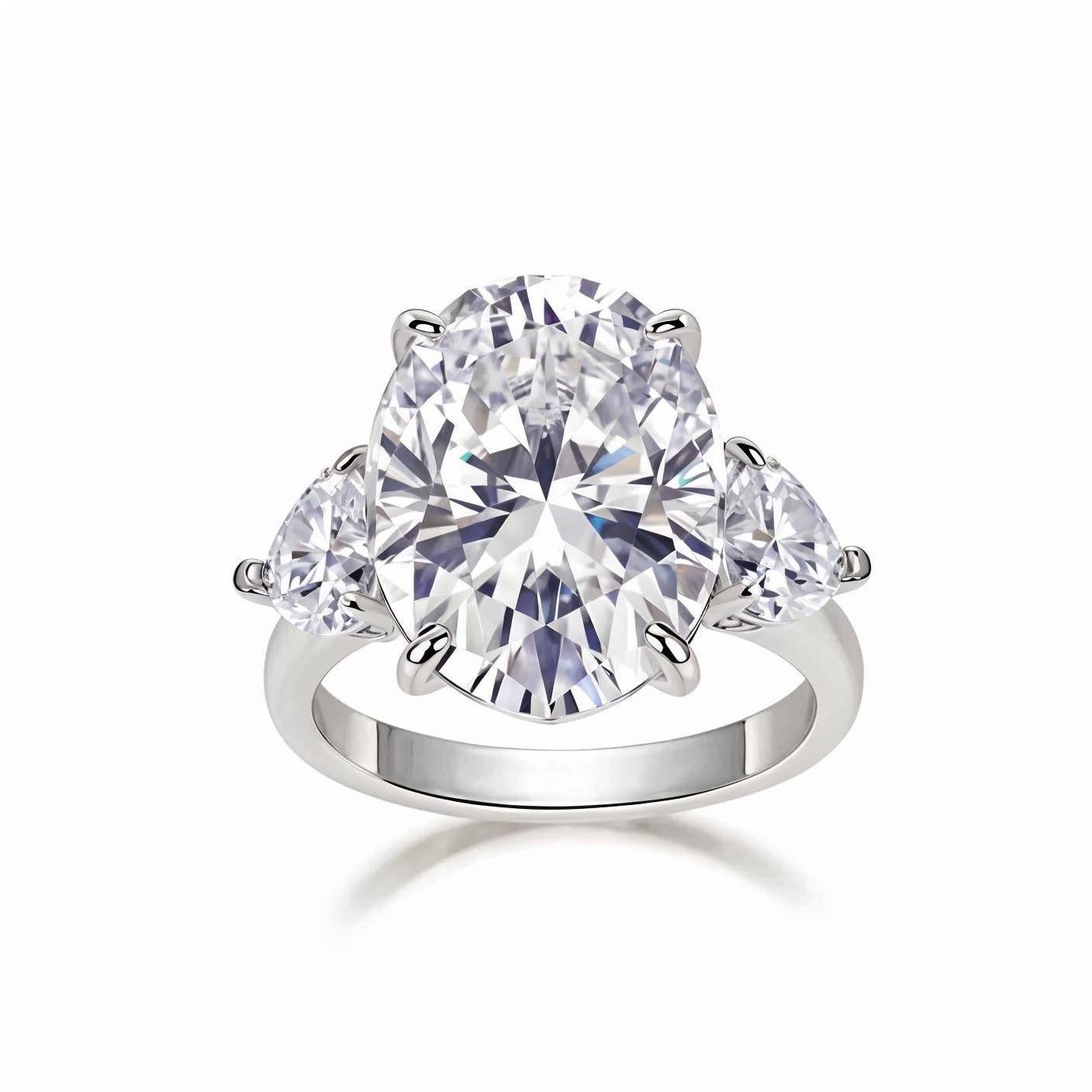 Elongated Oval Cut Moissanite Three Stone Engagement Ring with Hidden Halo in Baskets Setting (12ct. ) - La Pretti