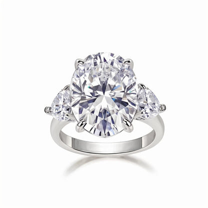 Elongated Oval Cut Moissanite Three Stone Engagement Ring with Hidden Halo in Baskets Setting (12ct. ) - La Pretti