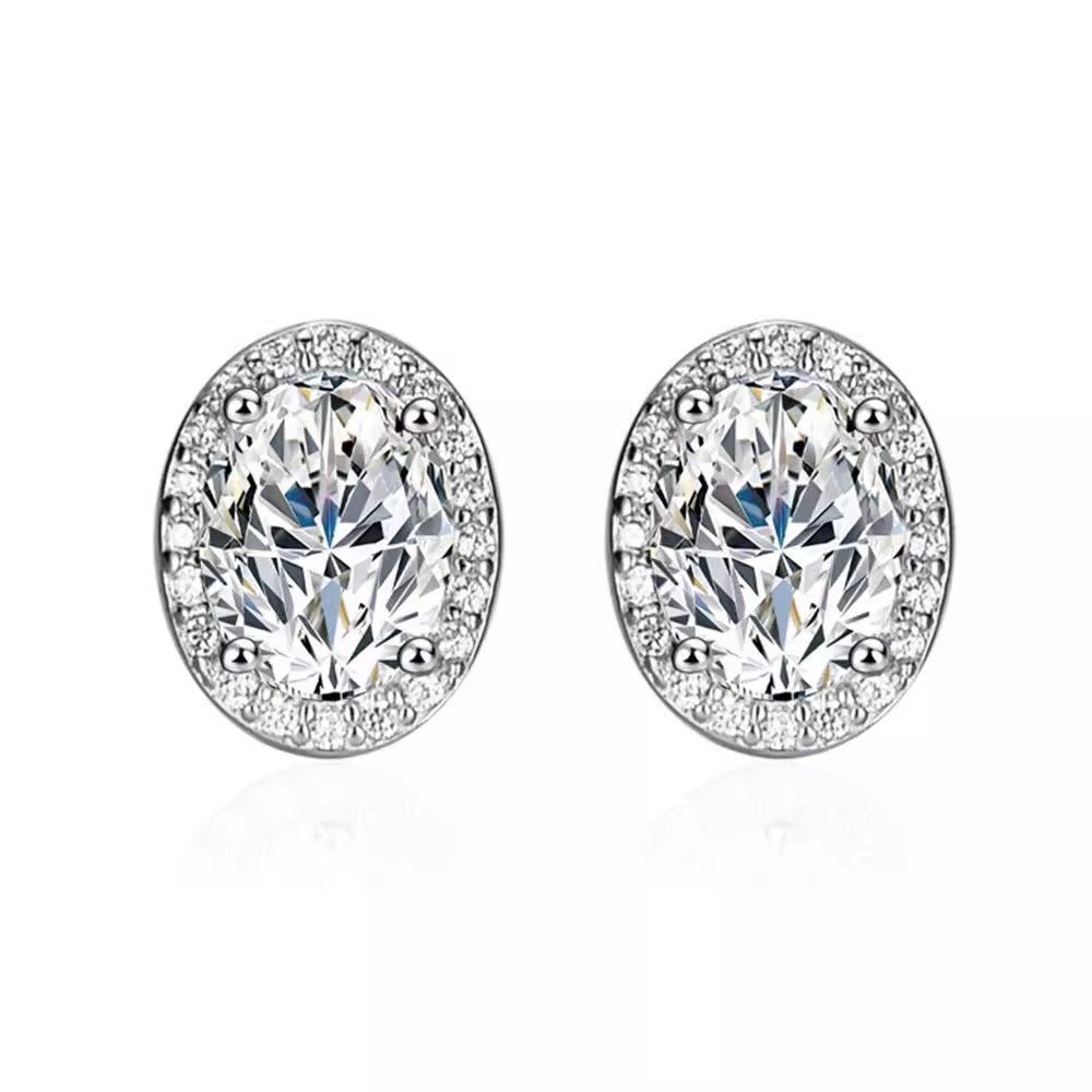 Oval Halo Moissanite Stud Earrings 18K White Gold Plated Sterling Silver - La Pretti