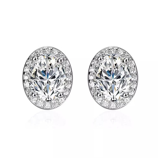 Oval Halo Moissanite Stud Earrings 18K White Gold Plated Sterling Silver - La Pretti