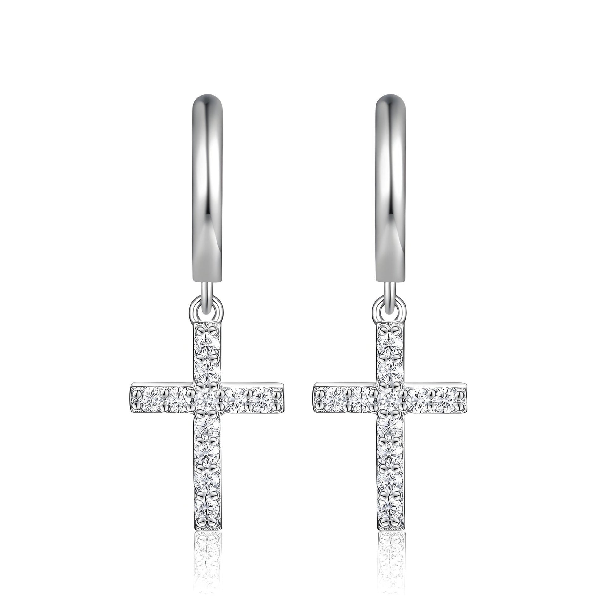 Dangle Cross Moissanite Drop Huggie Earrings with Pave Setting in 18K White Gold Plated Sterling Silver - La Pretti