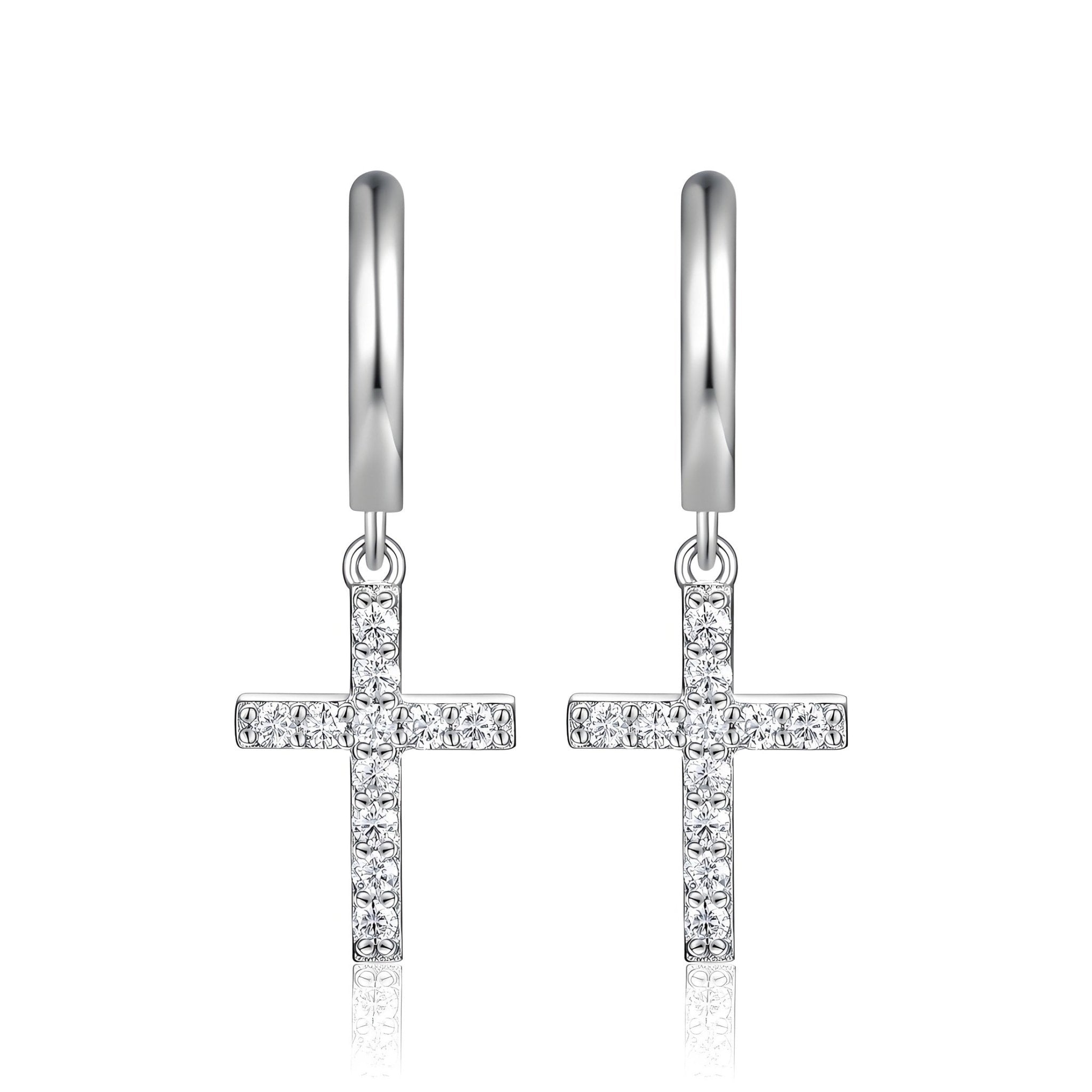 Dangle Cross Moissanite Drop Huggie Earrings with Pave Setting in 18K White Gold Plated Sterling Silver - La Pretti