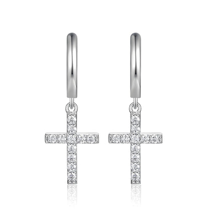 Dangle Cross Moissanite Drop Huggie Earrings with Pave Setting in 18K White Gold Plated Sterling Silver - La Pretti