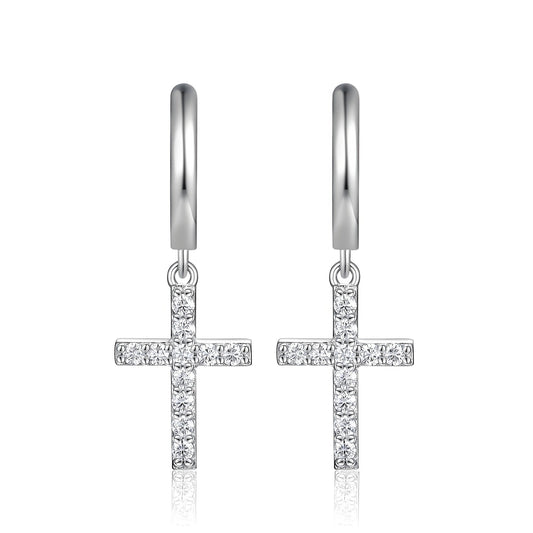 Dangle Cross Moissanite Drop Huggie Earrings with Pave Setting in 18K White Gold Plated Sterling Silver - La Pretti