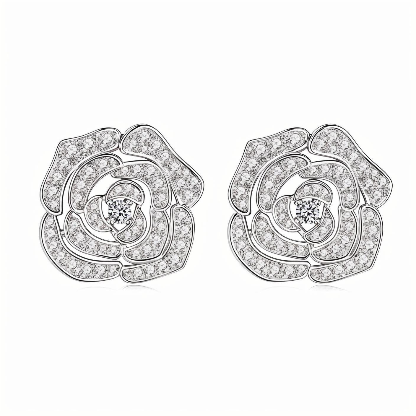 Pave Rose Filigree Moissanite Stud Earrings with Round Center Stone - La Pretti