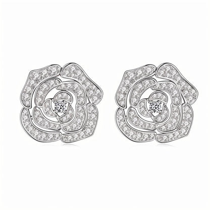 Pave Rose Filigree Moissanite Stud Earrings with Round Center Stone - La Pretti