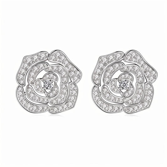 Pave Rose Filigree Moissanite Stud Earrings with Round Center Stone - La Pretti