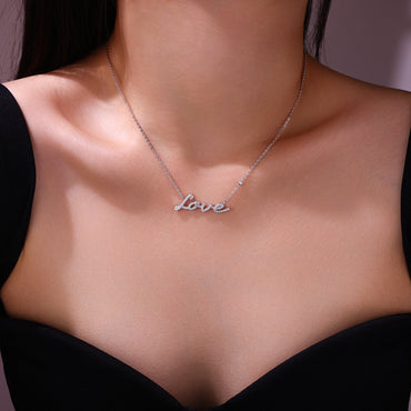 'Love' Script Cursive Moissanite Pave Pendant Necklace - La Pretti