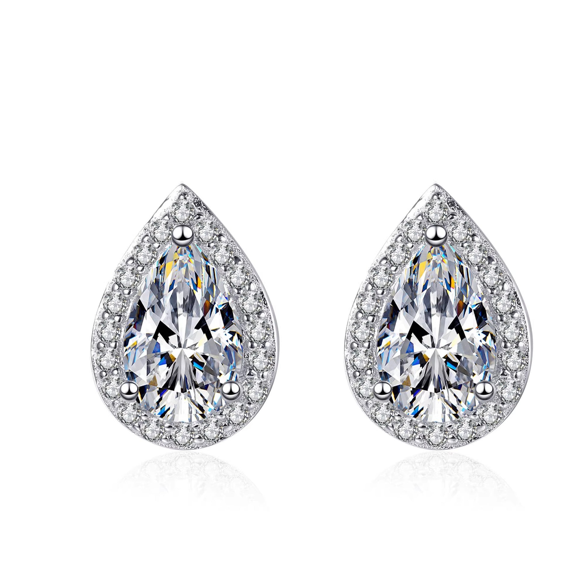 Teardrop Moissanite Pear Shaped Halo Stud Earrings 18K White Gold Plated Sterling Silver - La Pretti