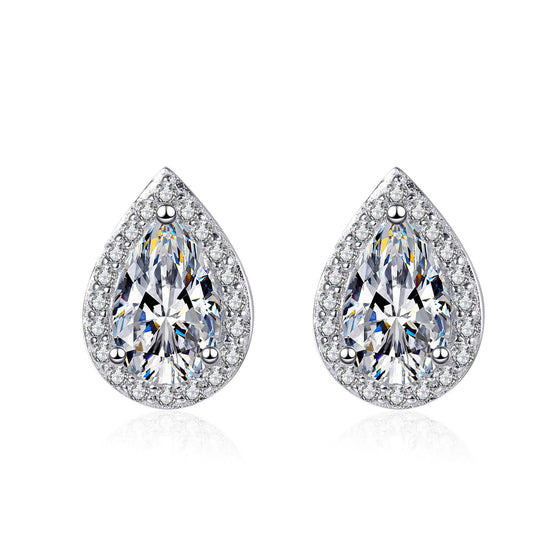 Teardrop Moissanite Pear Shaped Halo Stud Earrings 18K White Gold Plated Sterling Silver - La Pretti