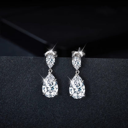 Double Teardrops Moissanite Pear Shaped Drop Earrings in 18K White Gold Plated Sterling Silver (6ct. ) - La Pretti