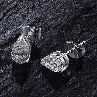 Pear Shaped Moissanite Stud Earrings in 18K White Gold Plated Sterling Silver (2ct. ) - La Pretti