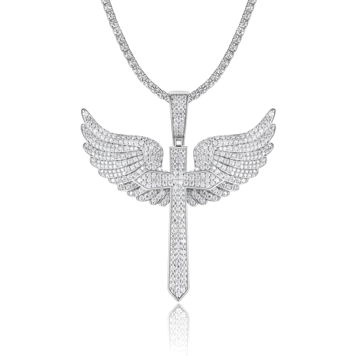 Sword Cross of Moissanite Angel Wings Pendant in Full Pave (Charm) - La Pretti