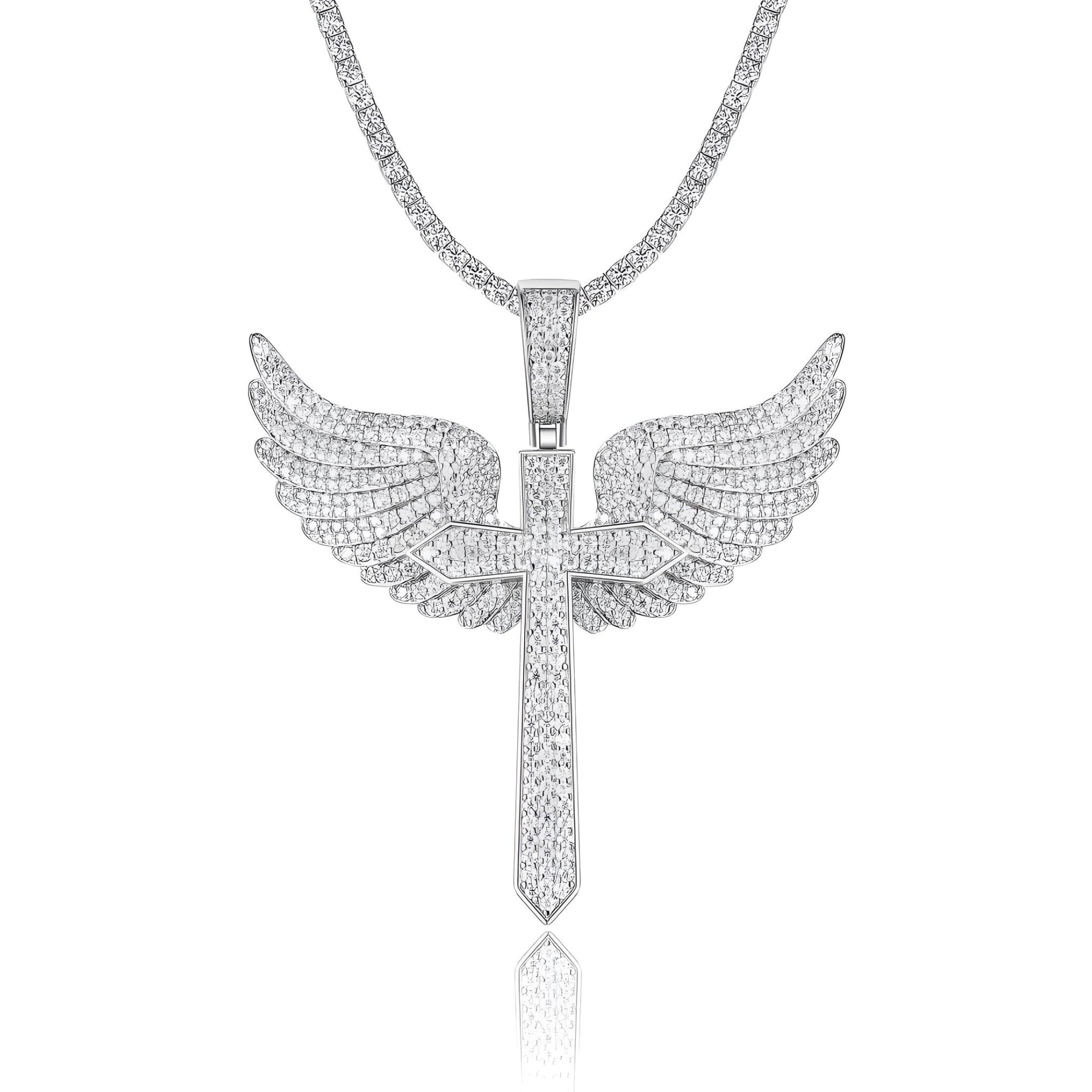 Sword Cross of Moissanite Angel Wings Pendant in Full Pave (Charm) - La Pretti