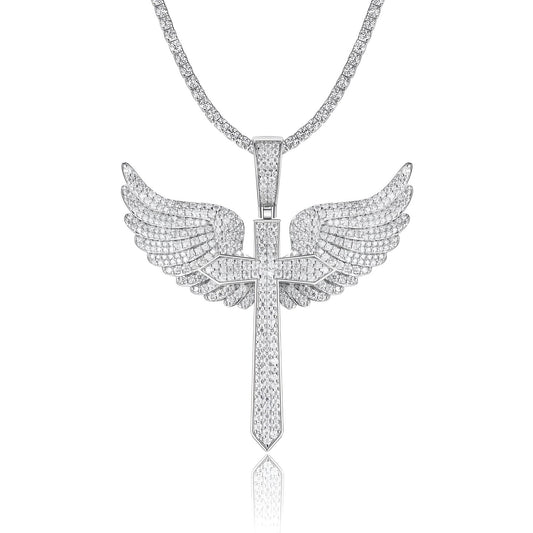 Sword Cross of Moissanite Angel Wings Pendant in Full Pave (Charm) - La Pretti