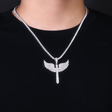 Sword Cross of Moissanite Angel Wings Pendant in Full Pave (Charm) - La Pretti
