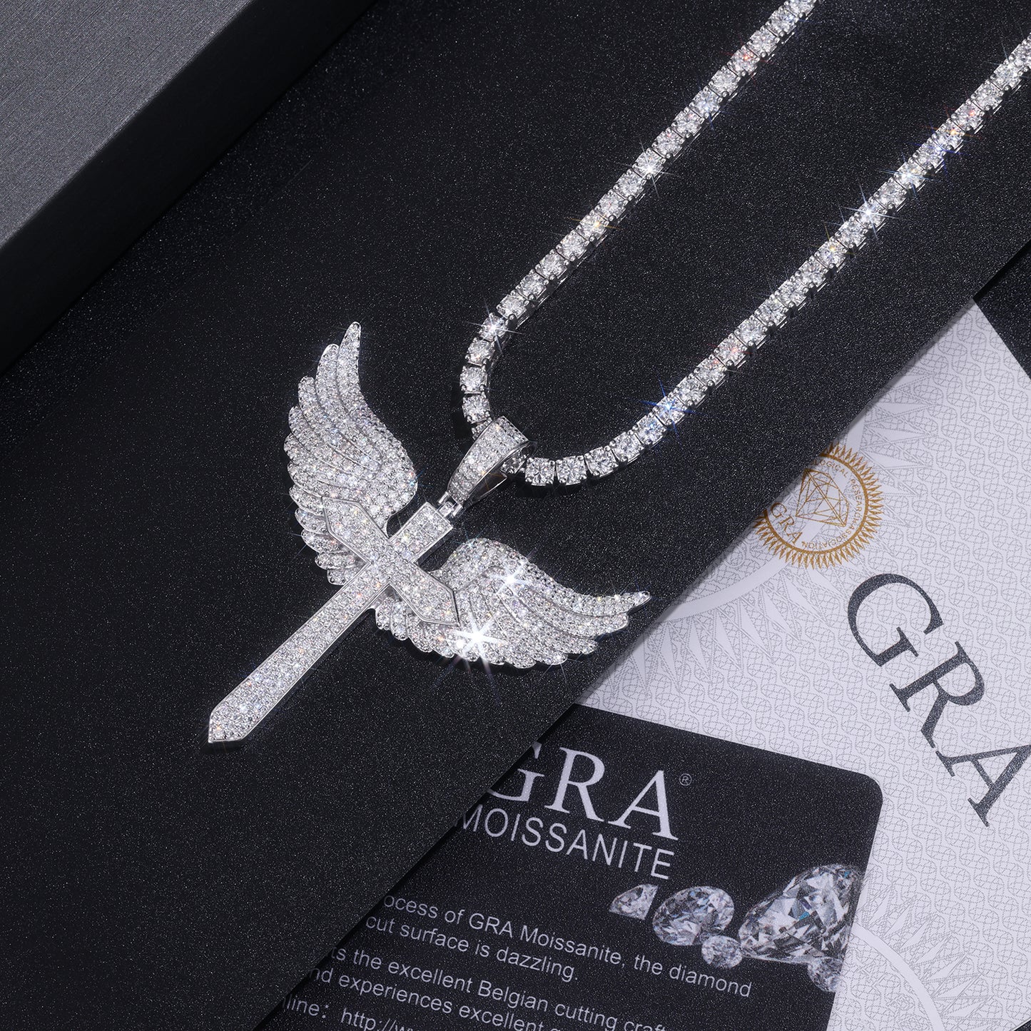 Sword Cross of Moissanite Angel Wings Pendant in Full Pave (Charm) - La Pretti