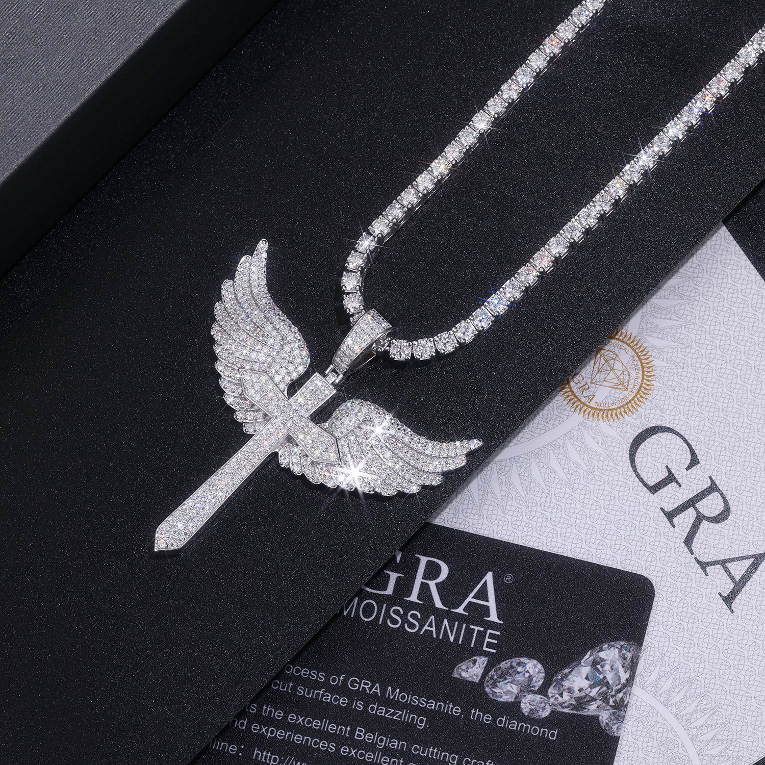 Sword Cross of Moissanite Angel Wings Pendant in Full Pave (Charm) - La Pretti