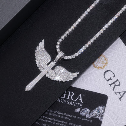 Sword Cross of Moissanite Angel Wings Pendant in Full Pave (Charm) - La Pretti