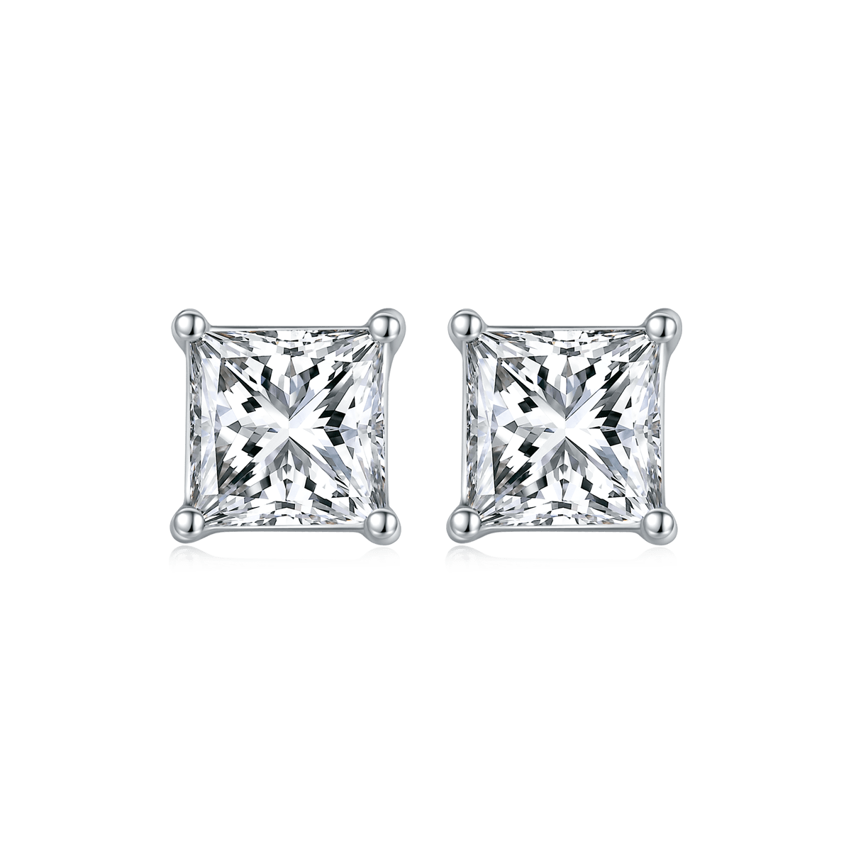 Princess Moissanite Stud Earrings in 18K White Gold Plated Sterling Silver (2ct. ) - La Pretti
