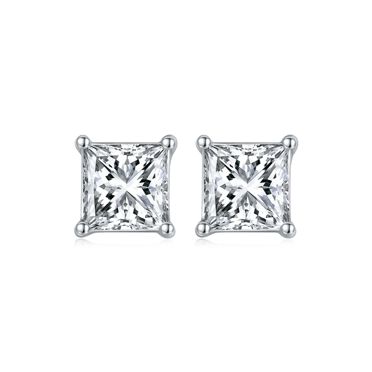 Princess Moissanite Stud Earrings in 18K White Gold Plated Sterling Silver (2ct. ) - La Pretti