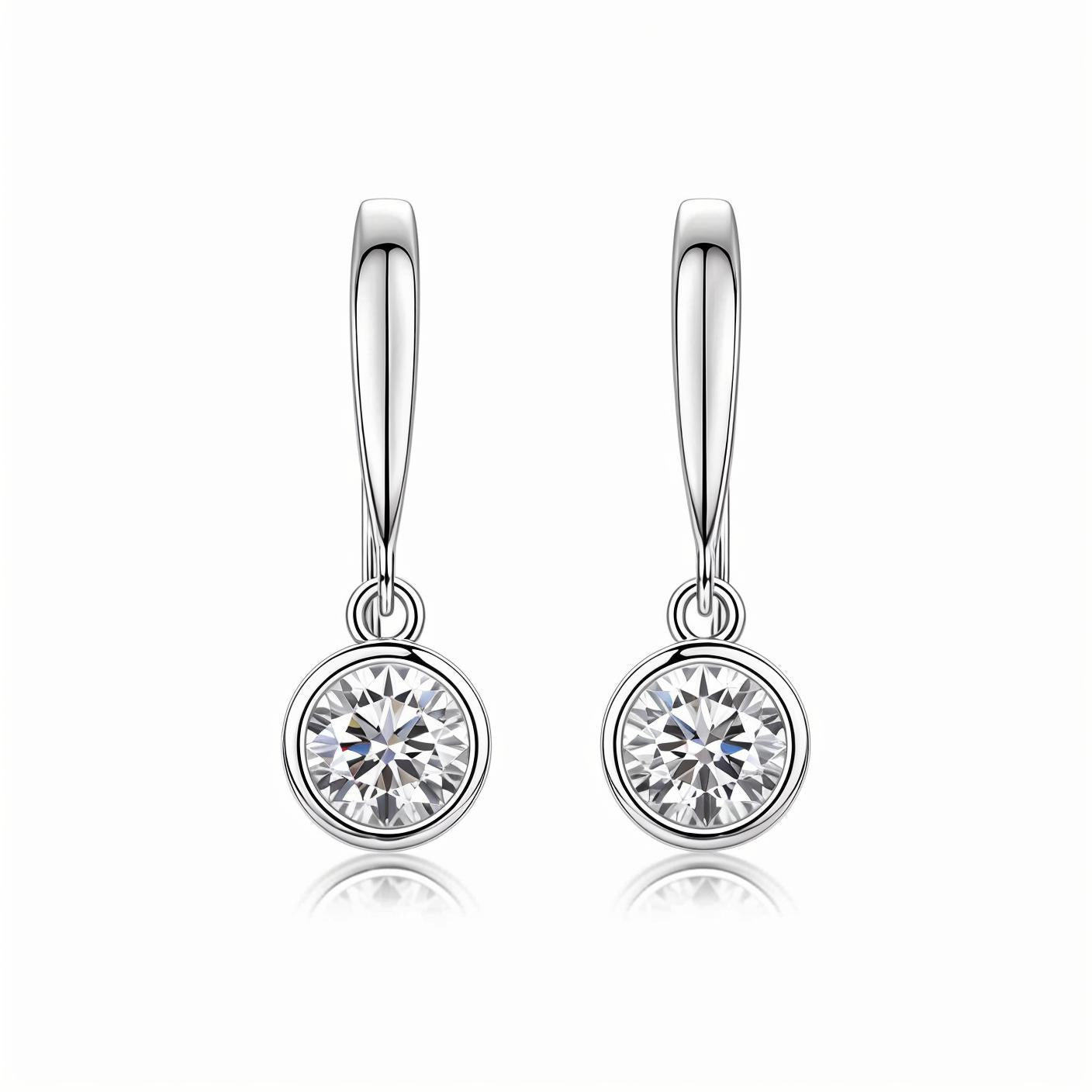 Bezel Dangle Moissanite Round Bezel - Set Drop Earrings with Fish Hook in 18K White Gold Plated Sterling Silver (1ct. ) - La Pretti