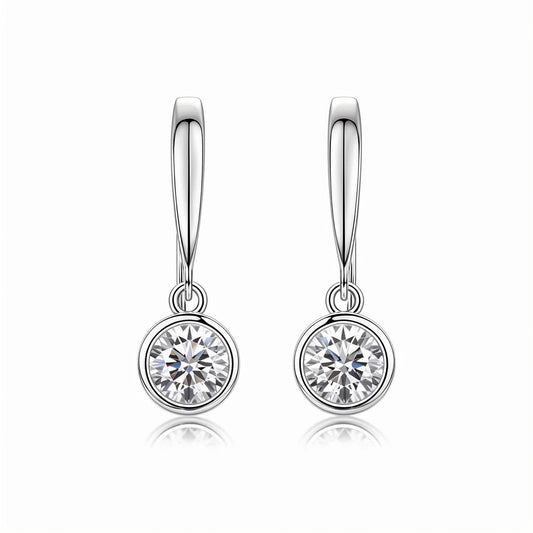 Bezel Dangle Moissanite Round Bezel - Set Drop Earrings with Fish Hook in 18K White Gold Plated Sterling Silver (1ct. ) - La Pretti