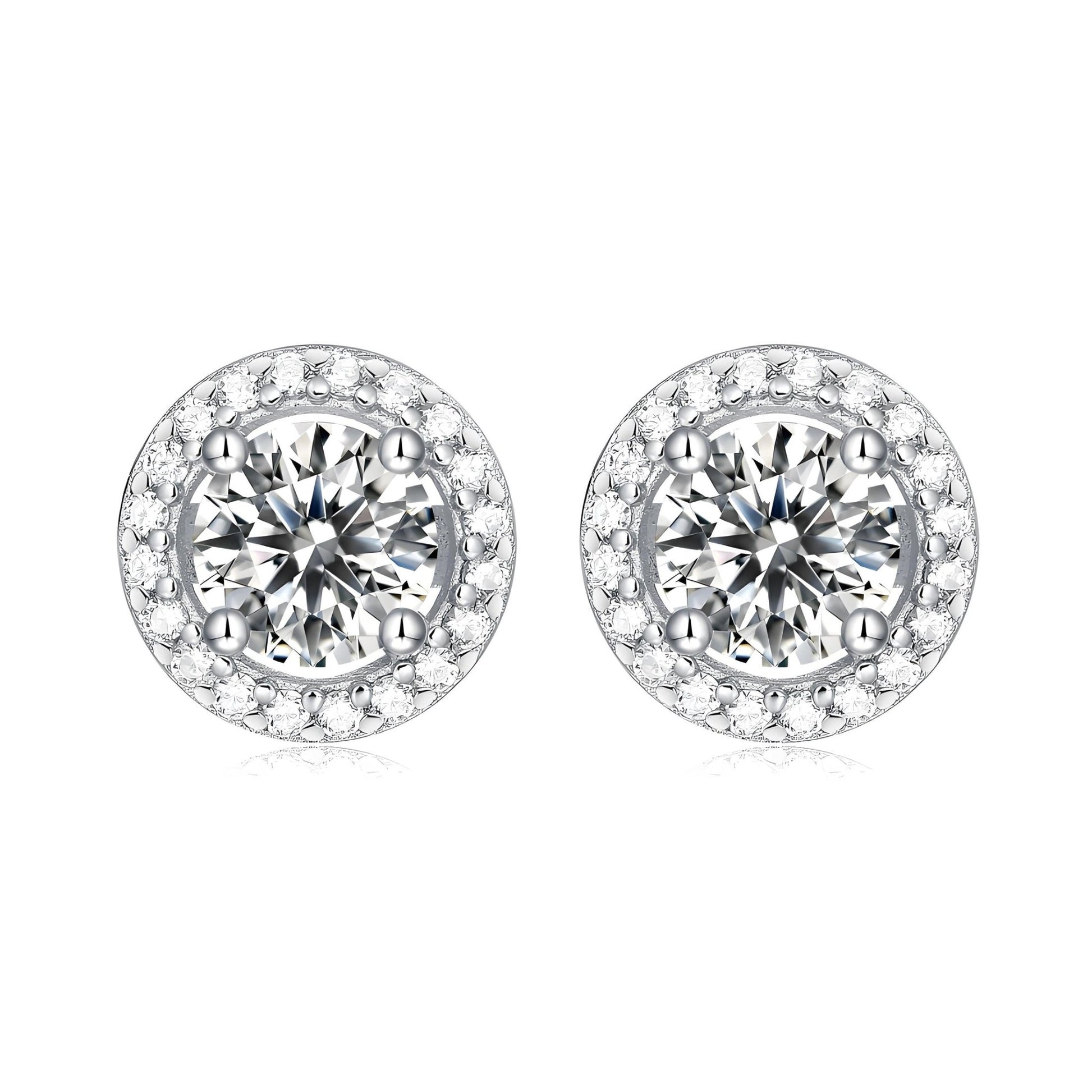 Round Moissanite Stud Earrings with Floating Halo in 18K White Gold Plated Sterling Silver (1 - 2ct. ) - La Pretti