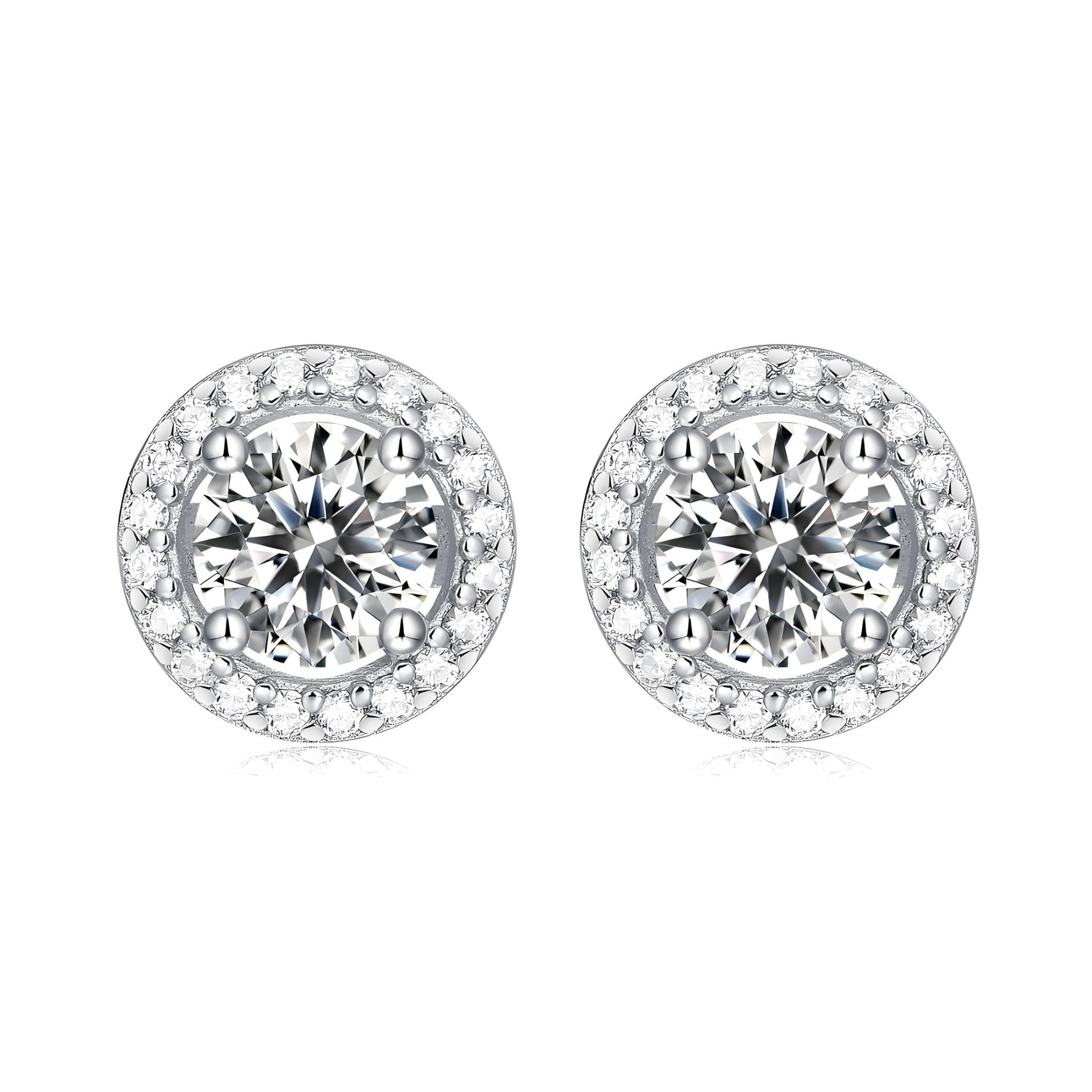 Round Moissanite Stud Earrings with Floating Halo in 18K White Gold Plated Sterling Silver (1 - 2ct. ) - La Pretti